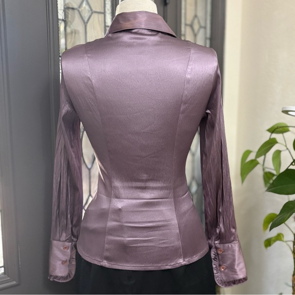 Ashely Purple Silky Ruffle Placket & Cuff Trim Button Front Stretch Blouse - Picture 5 of 8